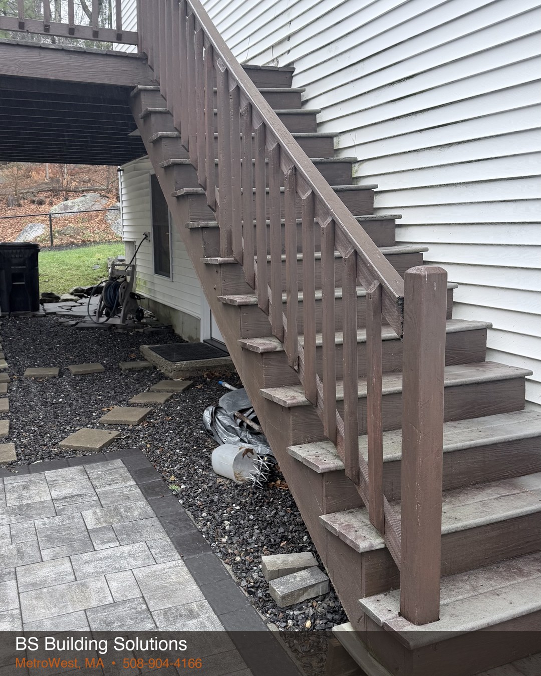 Before: old deck stairs — Hudson, MA
