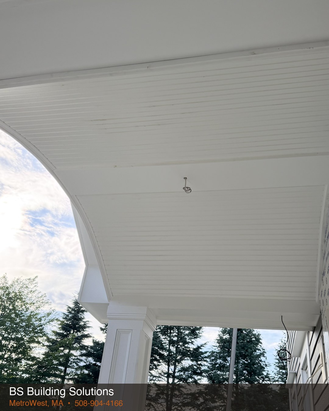 After: finished white beadboard porch ceiling — Paxton, MA